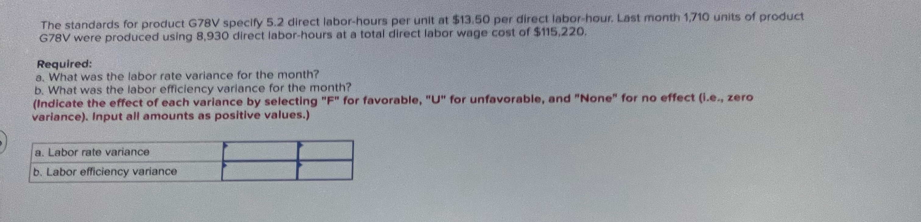 at $13.50 per direct labor-hour. Last month 1,710 units of product G78V
