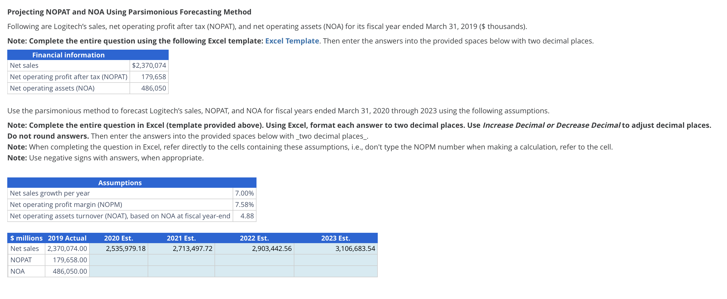 sales, net operating profit after tax (NOPAT), and net operating assets (NOA)