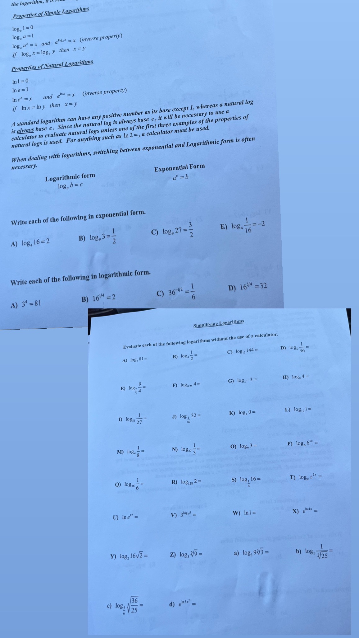 pre calculus the logarithm, Properties of Simple Logarithms log 1=0 log