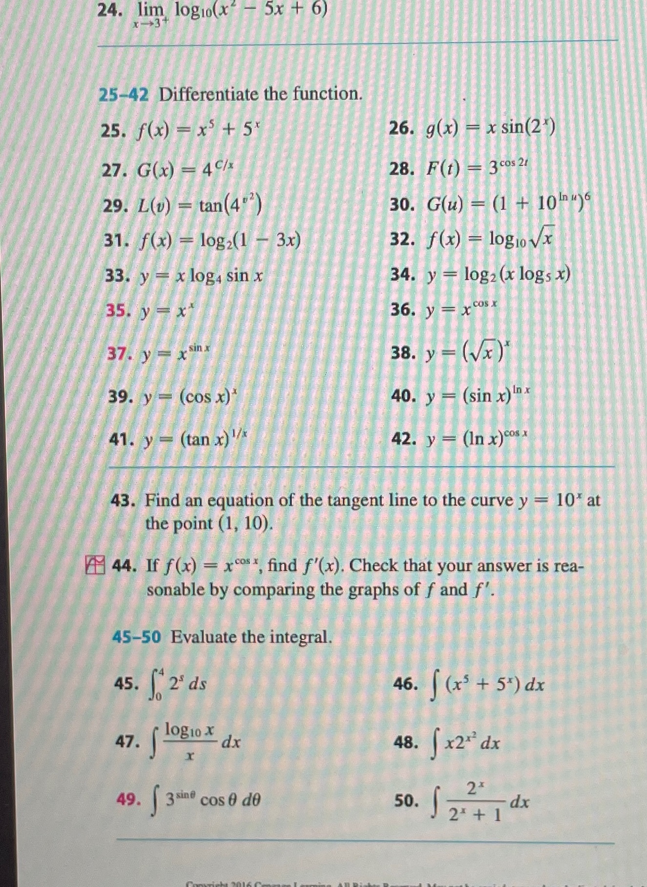 Solve problem 36, 38, and 50 24. lim logio(x 5x +