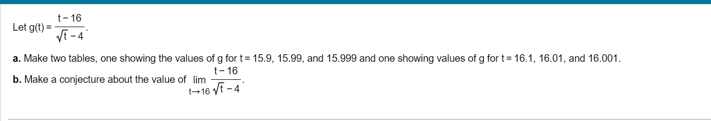 values of g for t = 15.9, 15.99, and 15.999 and one