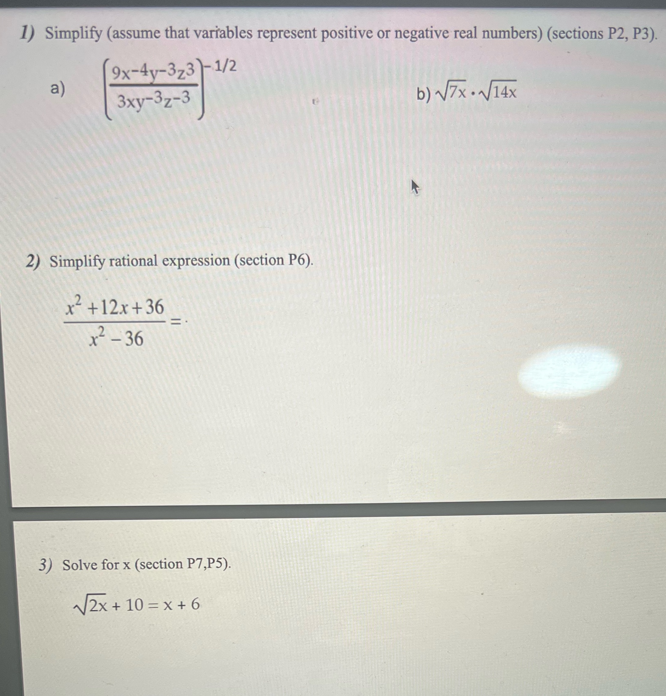(sections P2, P3). 9x-4y-323\\-1/2 a ) 3xy-3z-3 6 ) 1 7 x