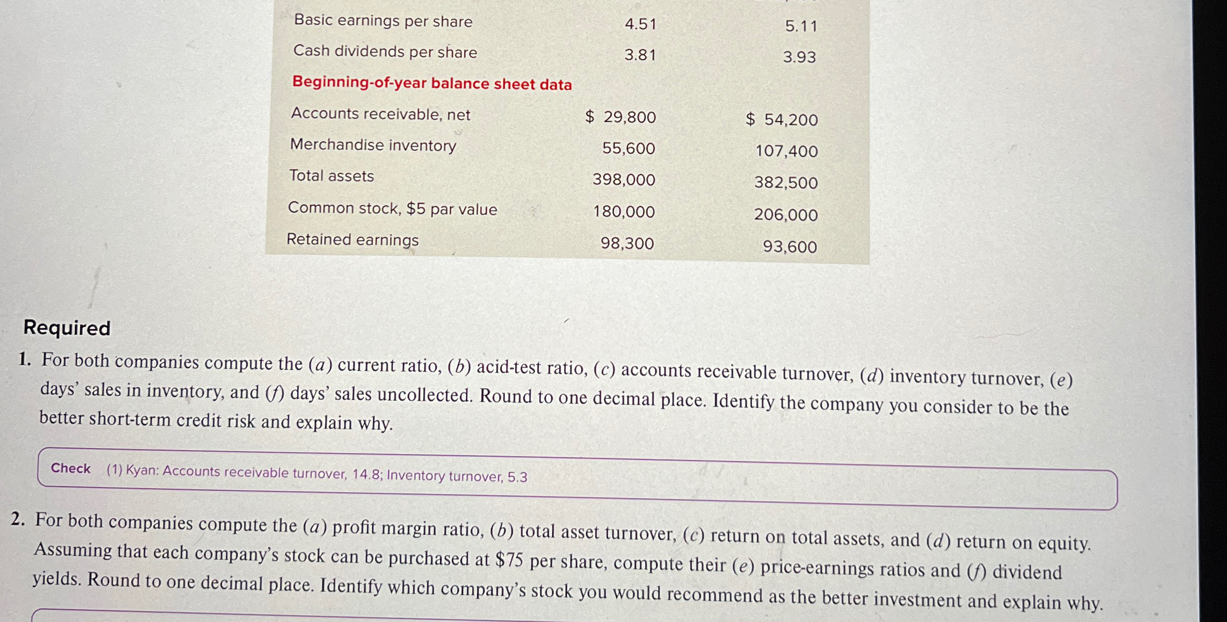 Problem 13-5A Comparative ratio analysis P3 Summary information from the financial