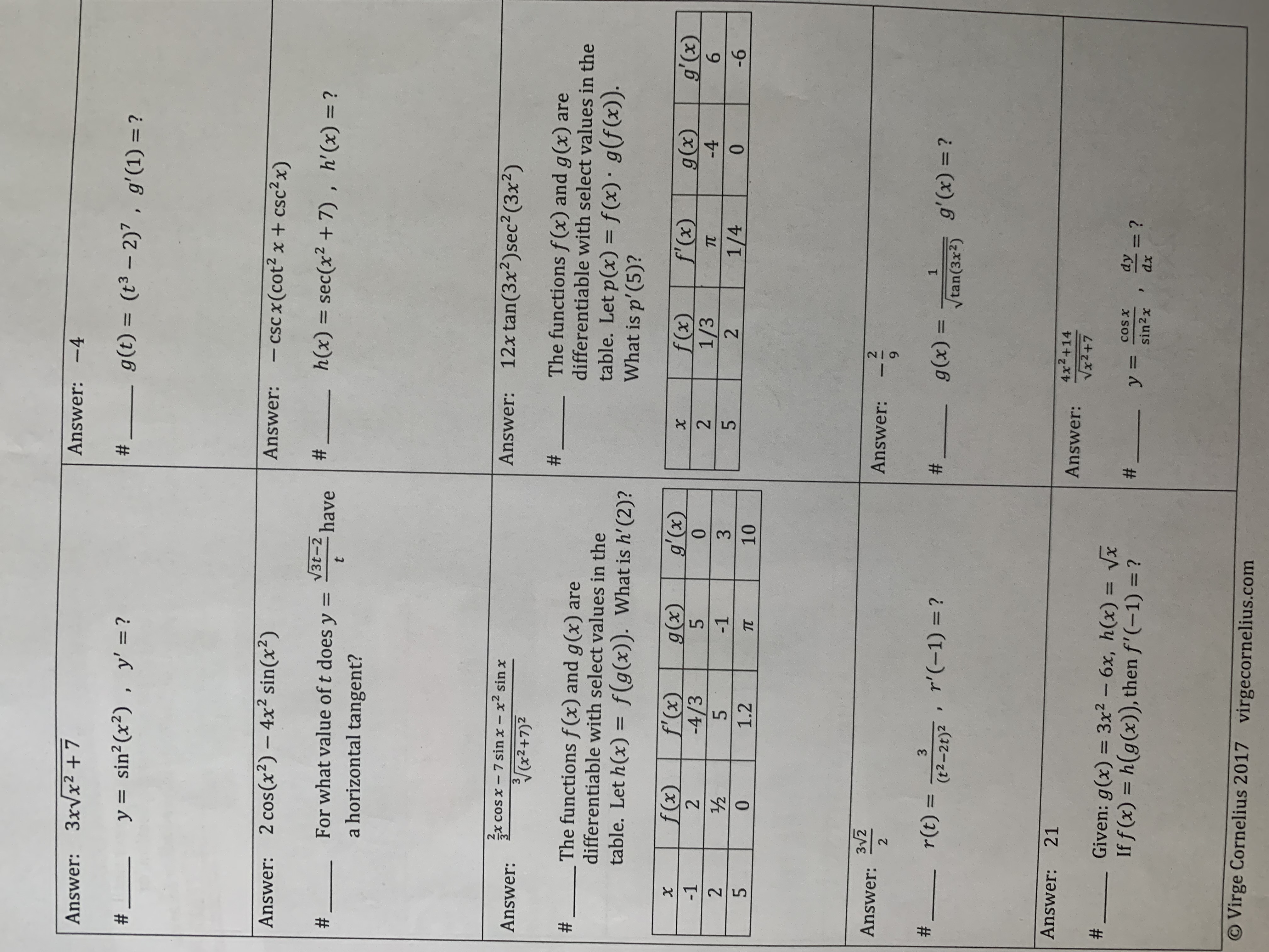=? # g(t) = (+3 -2)7 , g'(1) =? Answer: 2 cos(x2)