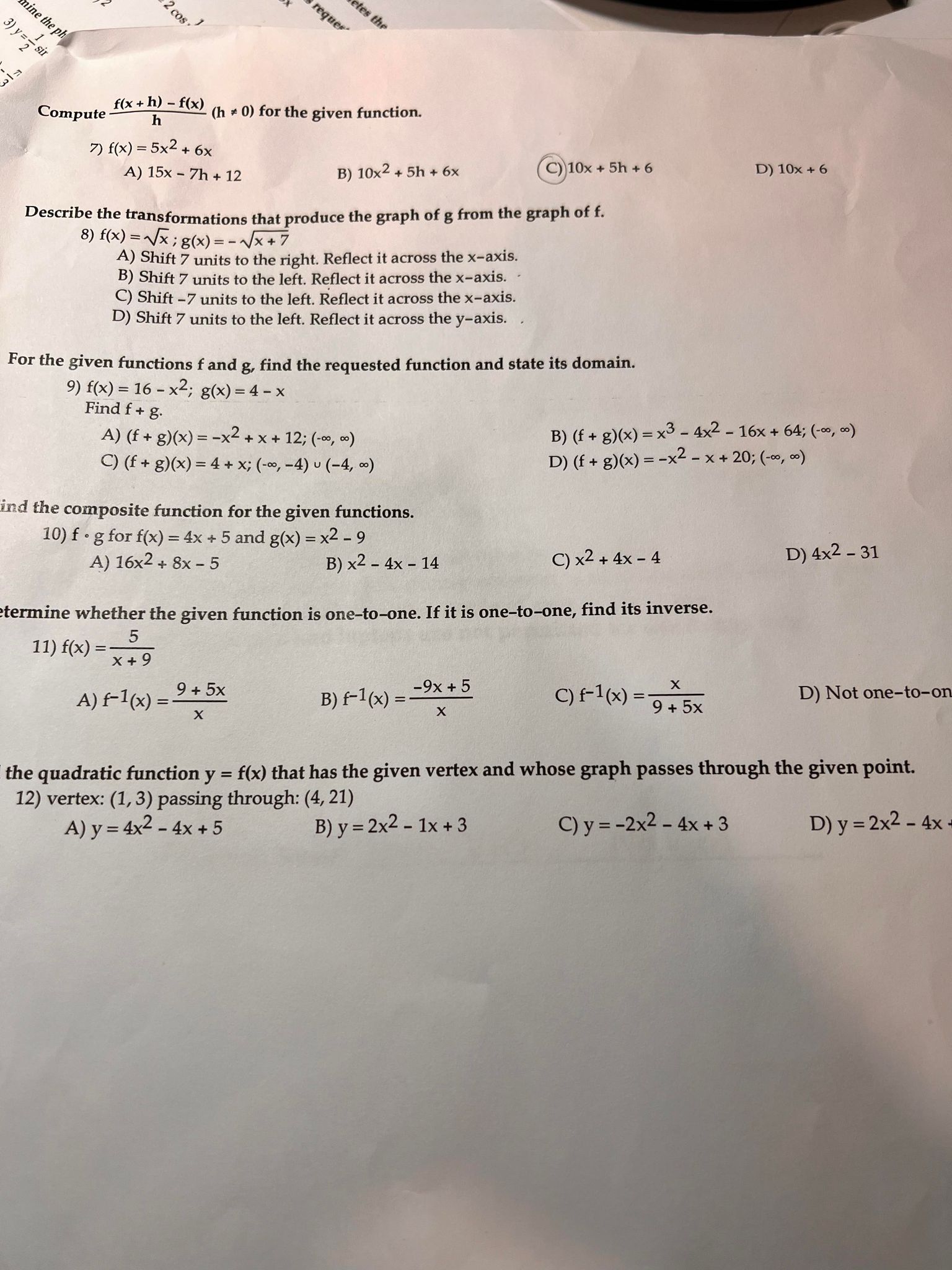 f(x) (h * 0) for the given function. 7) f (x )