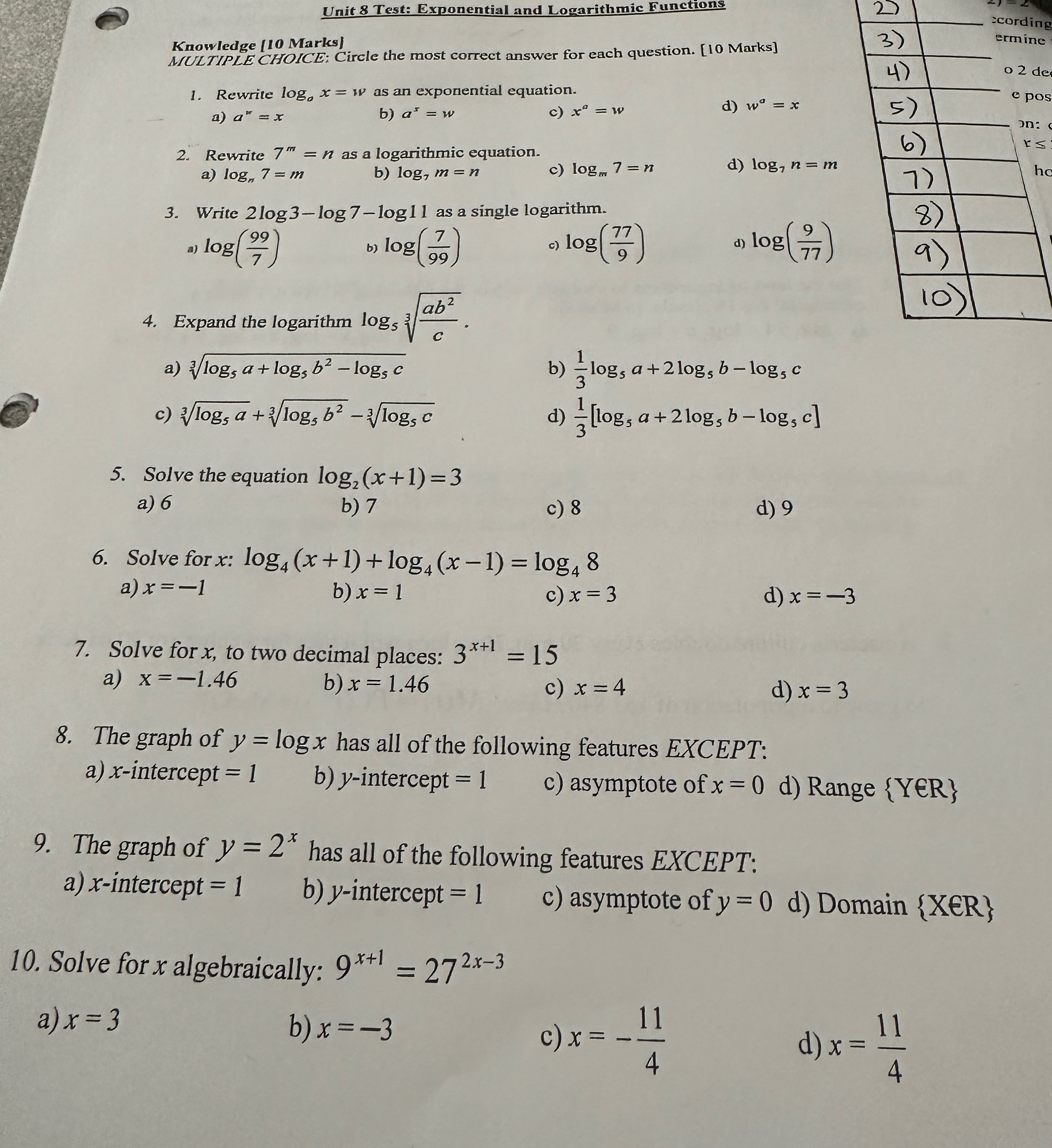  Unit 8 Test: Exponential and Logarithmic Functions scording Knowledge [10 Marks)