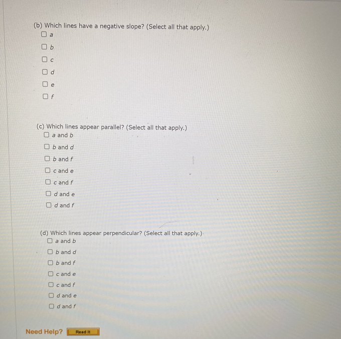 (b) Which lines have a negative slope? (Select all that apply.)