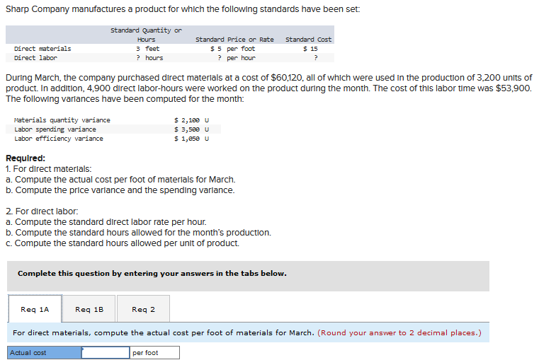 Sharp Company manufactures a product for whlch the followlng standards have been