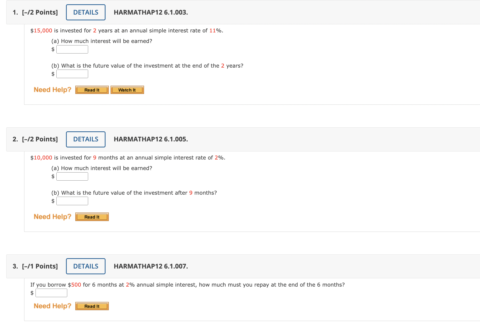 to the nearest cent.) $ Need Help? Read It15. [-/1 Points] HARMATHAP12
