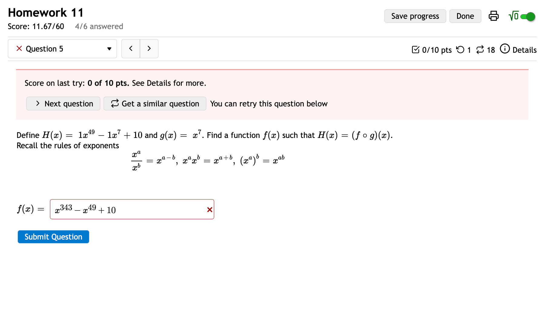  Homework 11 Save progress Done (SI WC. Score: 11.67/60 4/6 answered