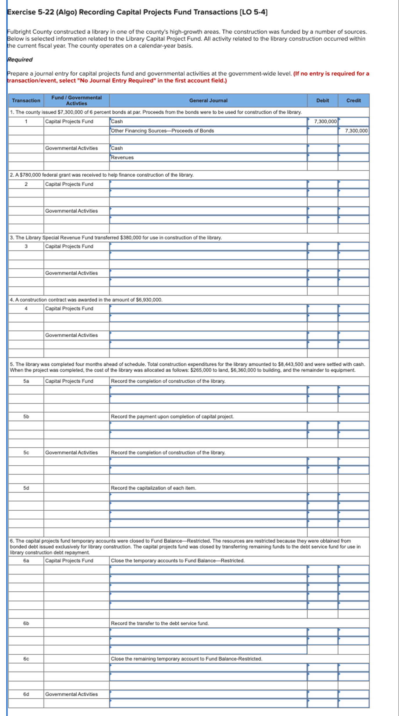  ?Exercise 5-22(Algo) ?Recording Capital Projects Fund Transactions [LO 5-4] Fulbright County