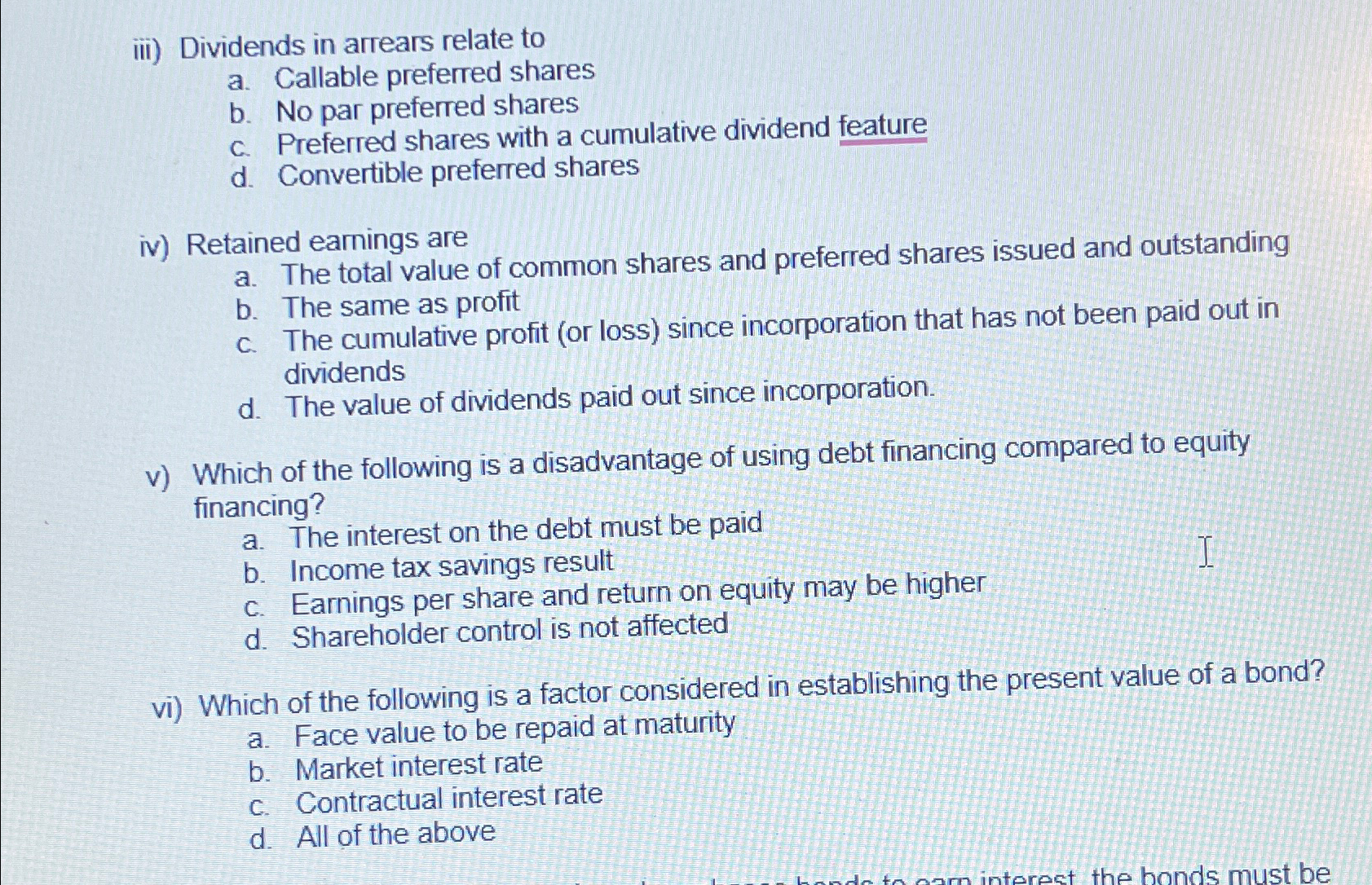  iii) Dividends in arrears relate to a. Callable preferred shares b.