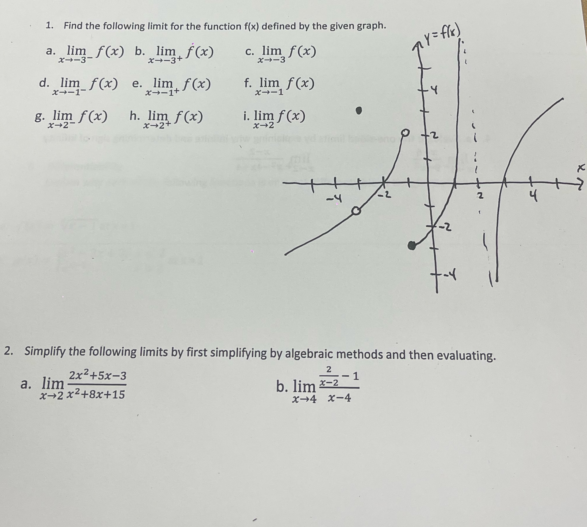 1. Find the following limit for the function f(x) defined by