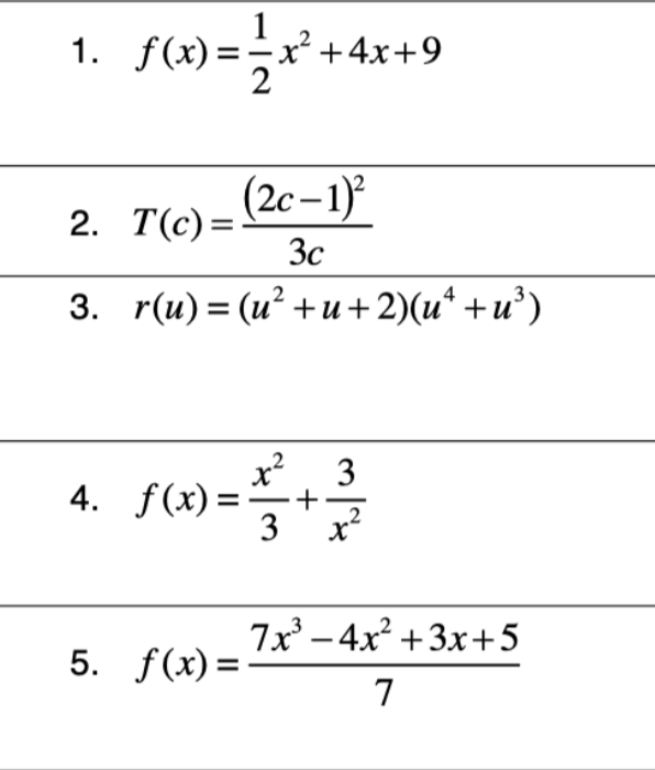 2. T(c) = (2c-1) 3c 3. r(u) = (u2 + u+ 2)(u+