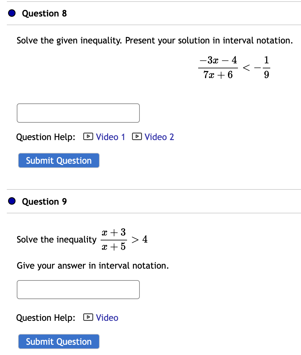 interval notation. 3m4 4 3+5 Solve the inequality Give your answer in