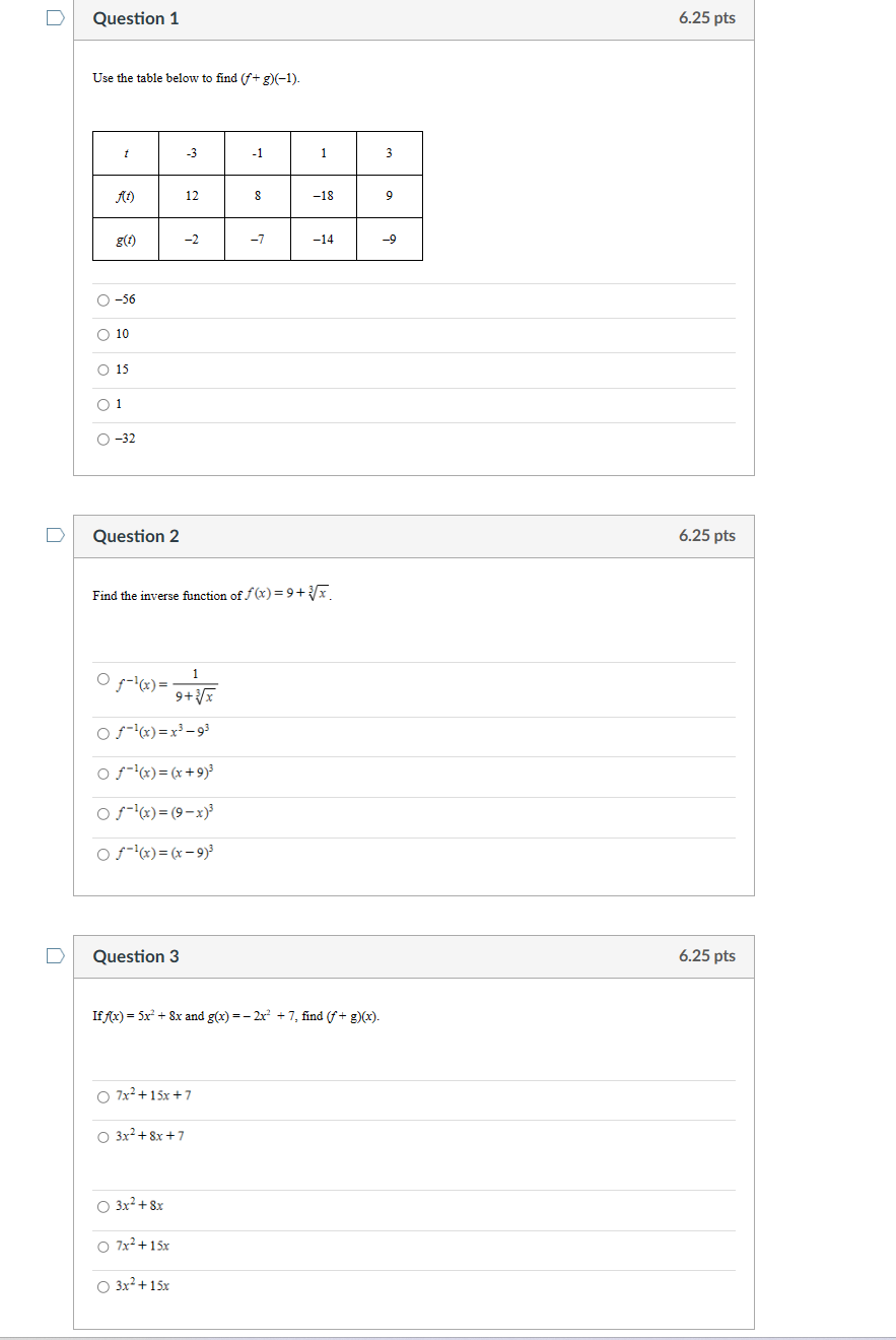  D Question 1 6.25 pts Use the table below to find