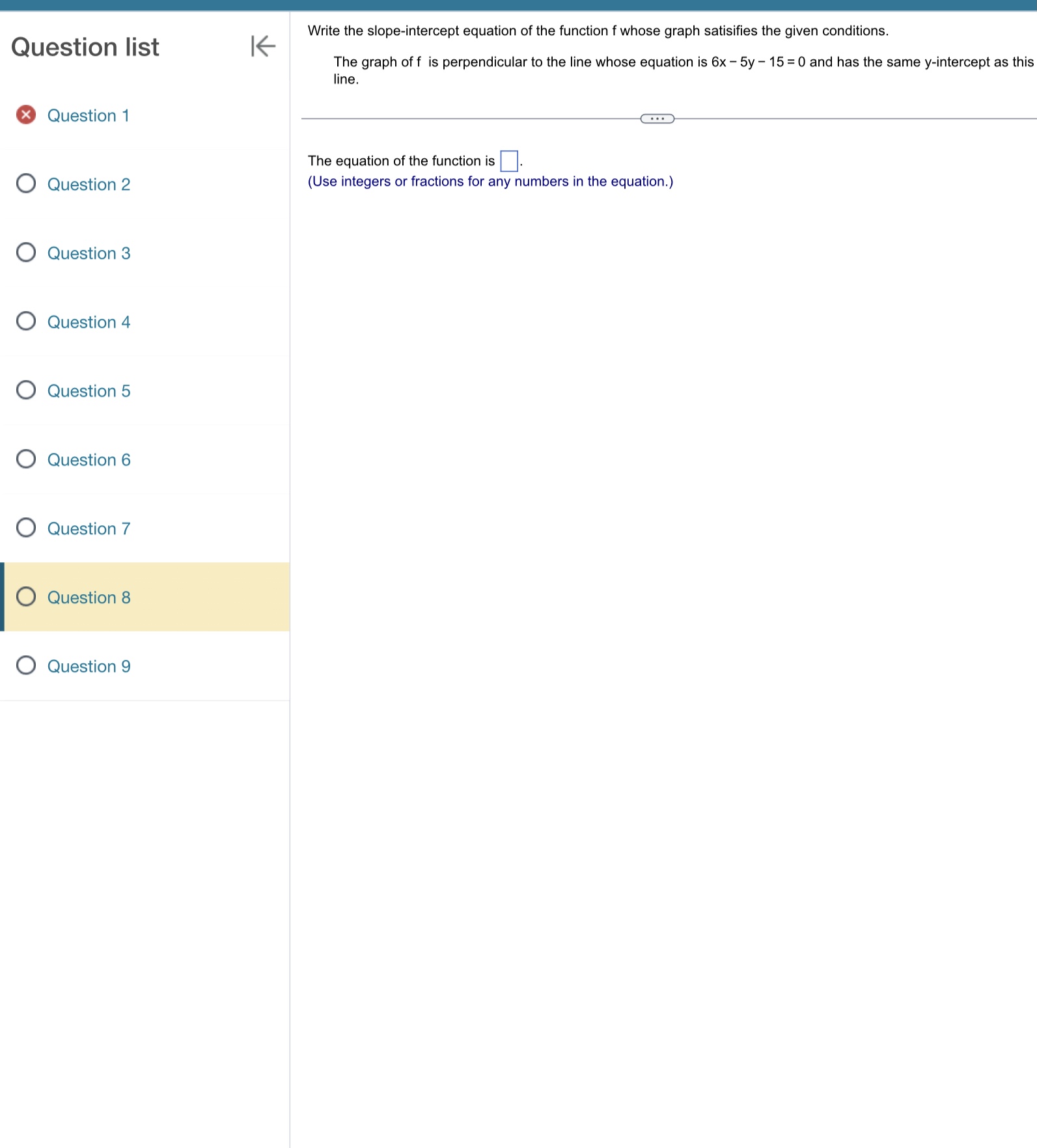 Write the slope-intercept equation of the function f whose graph satisifies