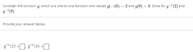 g(-10) = 2 and g(9) = 8. Solve for g-1(2) and g