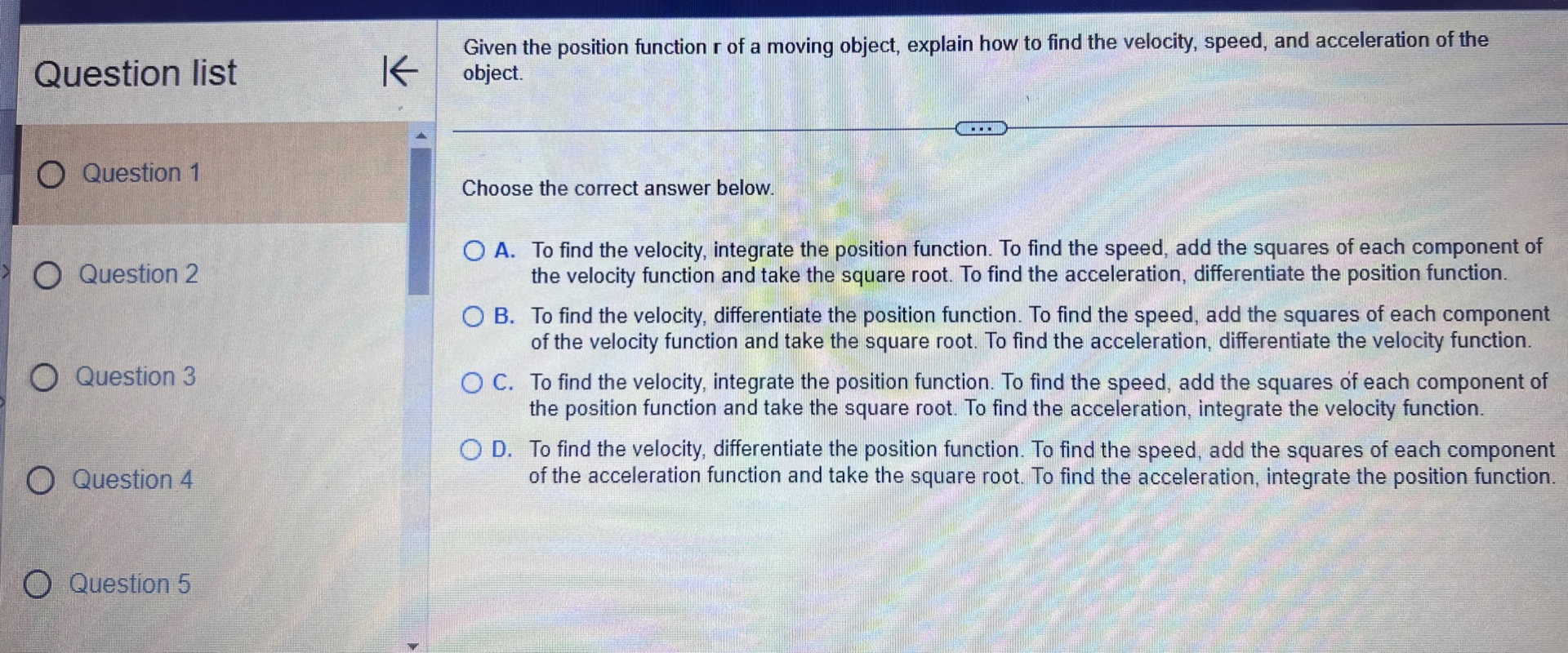 d = 20. O Question 3 r(t) = (8 +12,2- 3t#,6 +