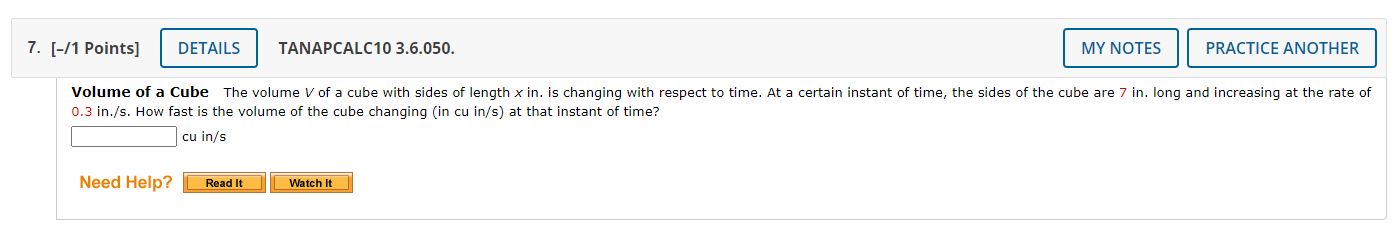 7. [-11 Points] DETAILS TANAPCALCIO 3.6.050. MY NOTES PRACTICE ANOTHER Volume of