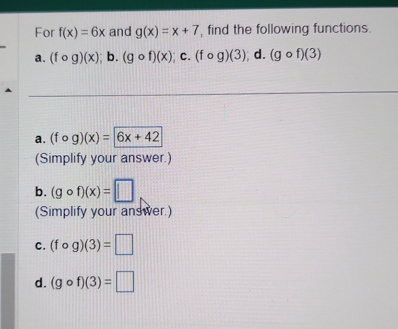 following functions. a. (fog)(x); b. (g of)(x); c. (fog)(3); d. (g of)(3)