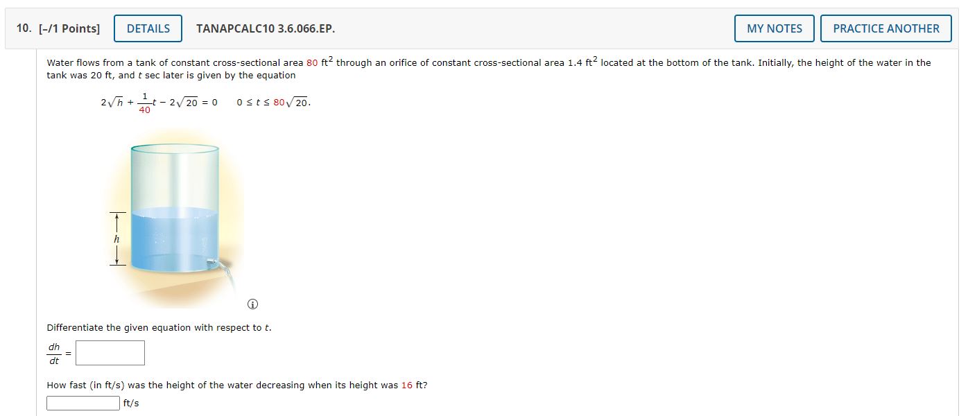  10. [-/1 Points] DETAILS TANAPCALC10 3.6.066.EP. MY NOTES PRACTICE ANOTHER Water