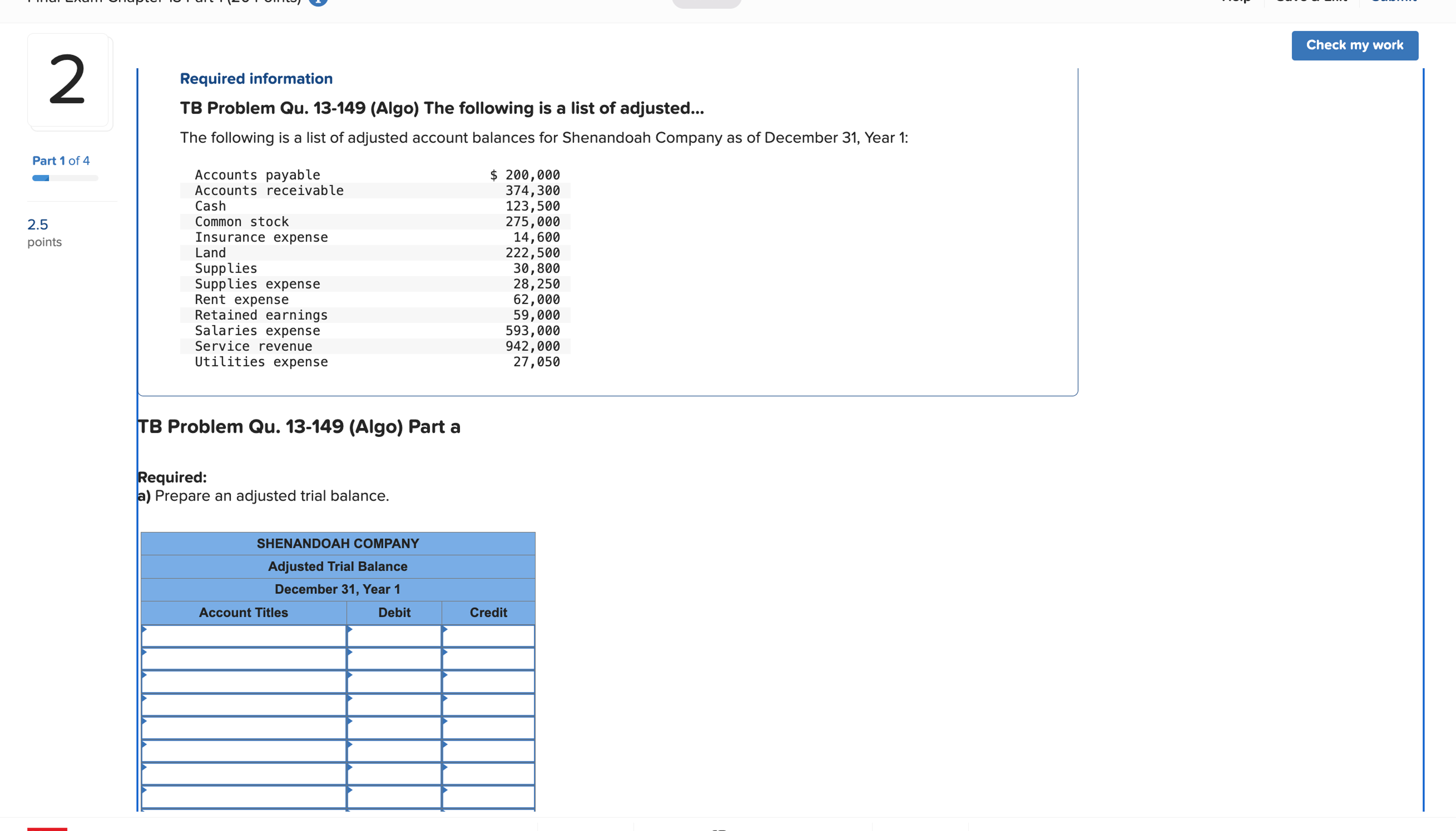  Required information TB Problem Qu.13-149(Algo) The following is a list of