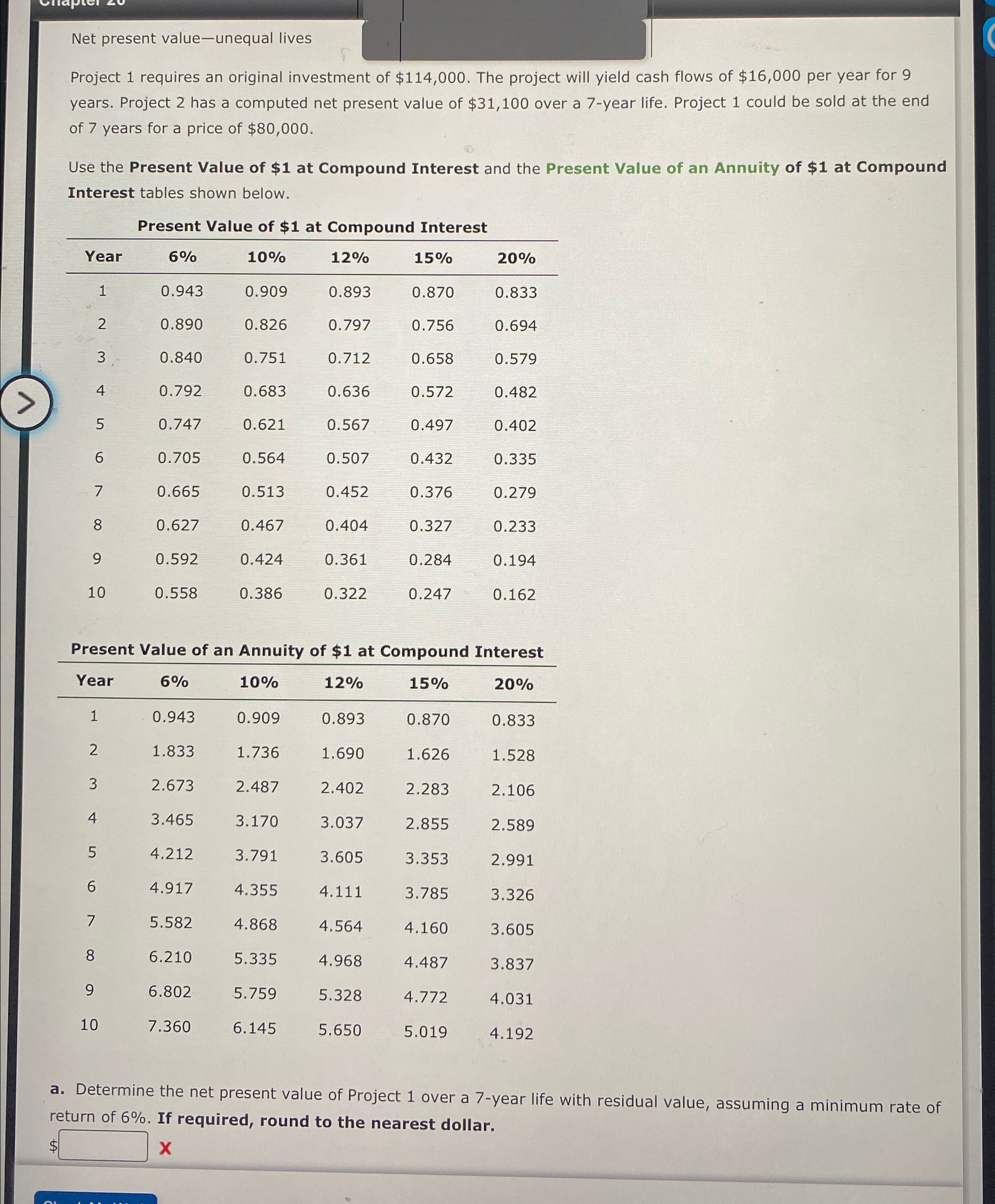 Net present value-unequal lives Project 1 requires an original investment of