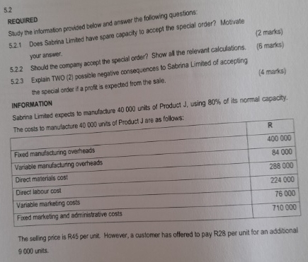 questions: 5.2.1 Does Sabrina Limited have spare capacity to accept the special