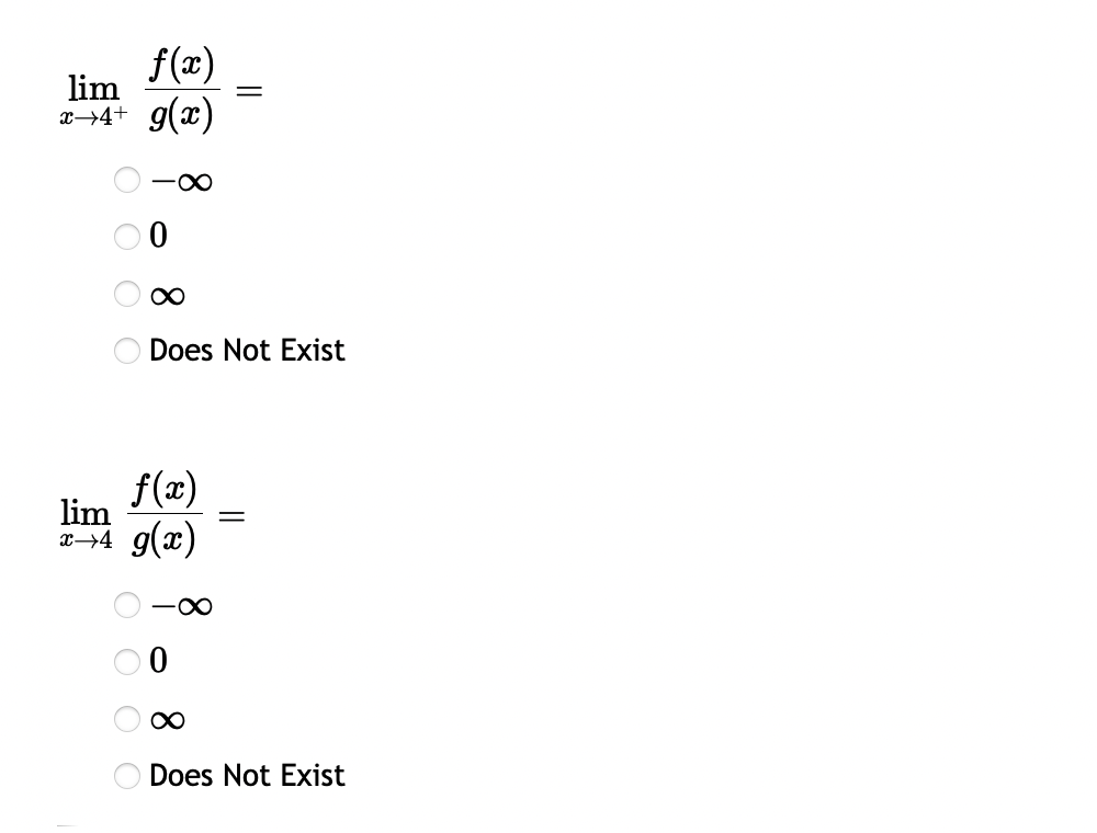 O Does Not Exist lim f (z) x-74 g(2) = 0 -
