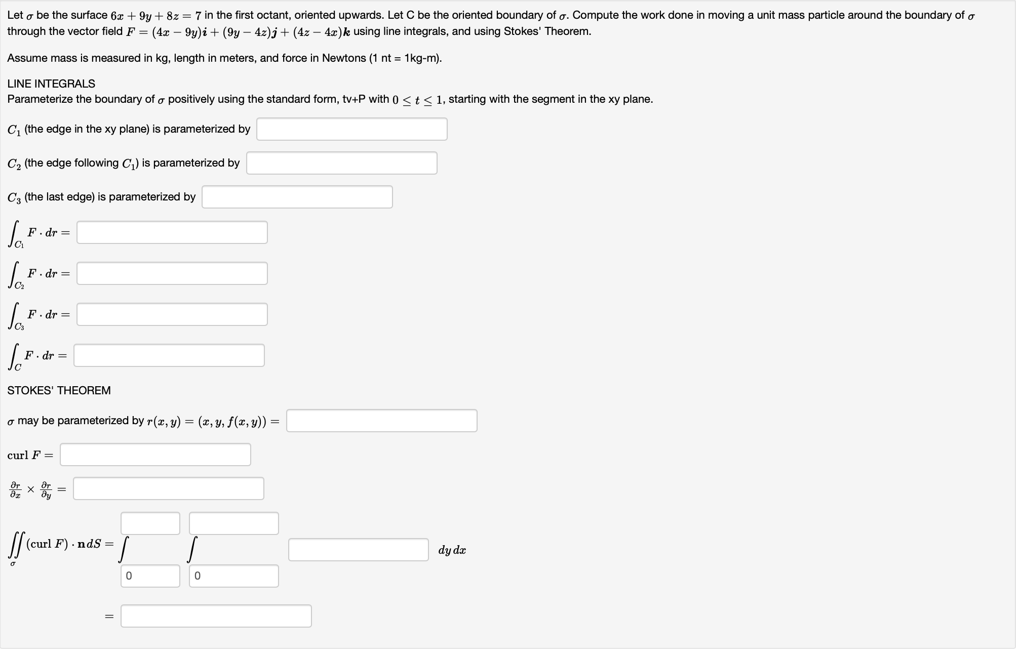  Let o be the surface 6x + 9y + 8z =