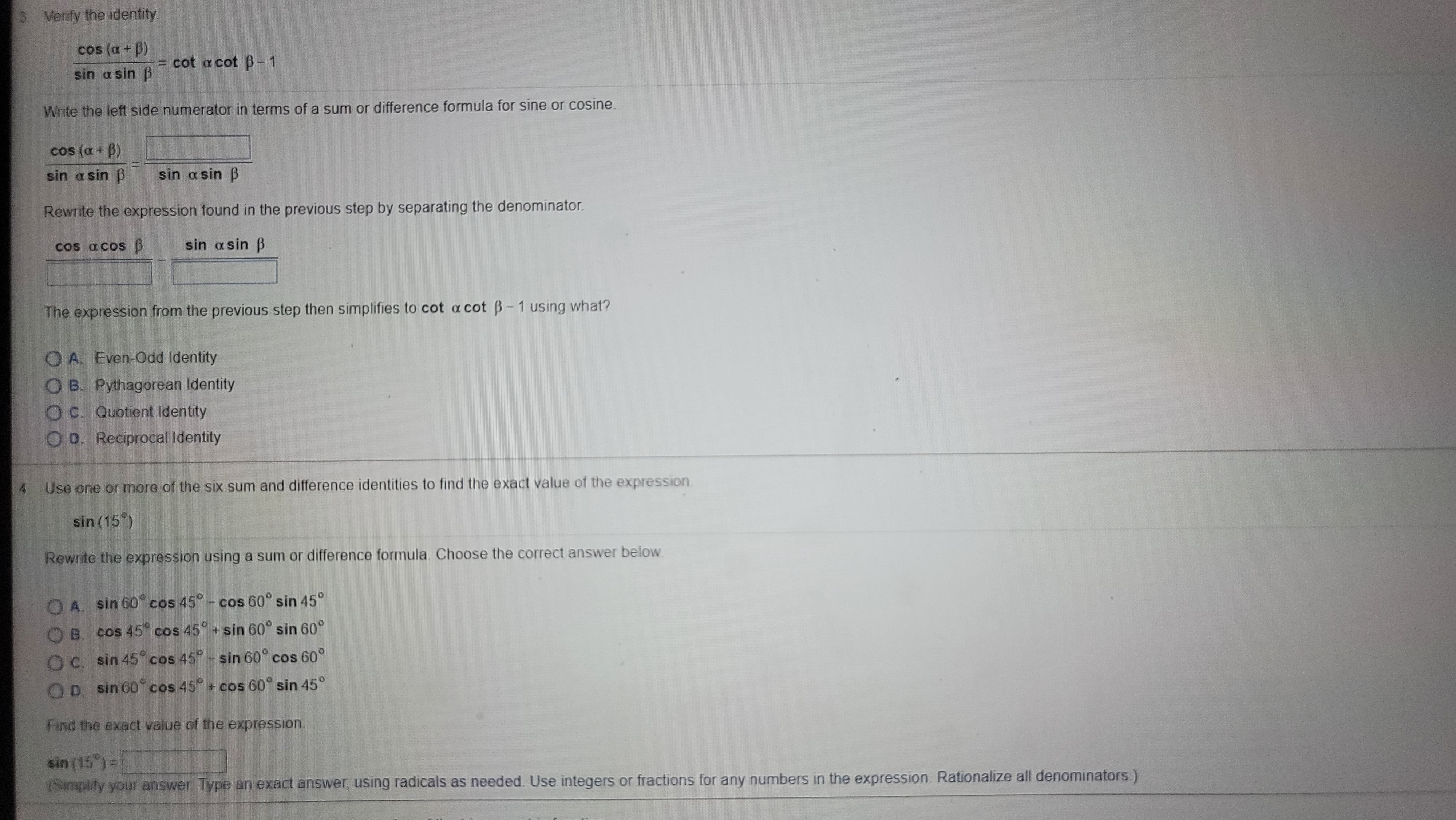 is the right side of the formula for cos(a - B) with