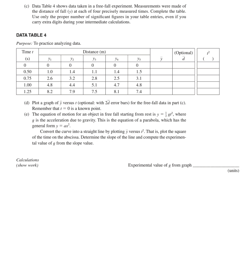helpppppppppp (c) Data Table 4 shows data taken in a free-fall