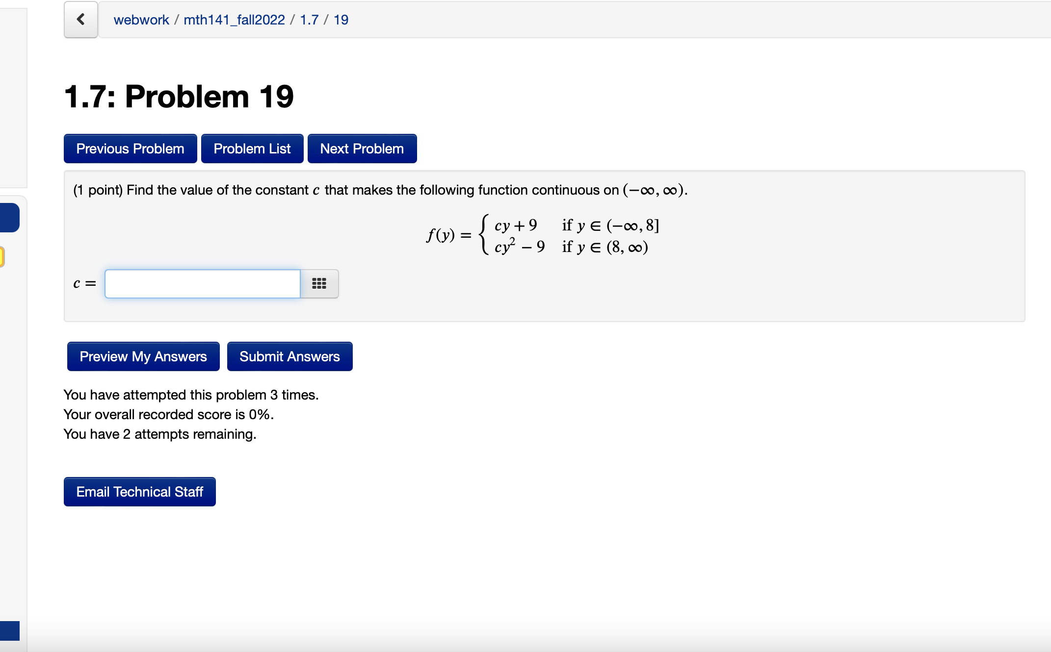 List Next Problem (1 point) Find the value of the constant c
