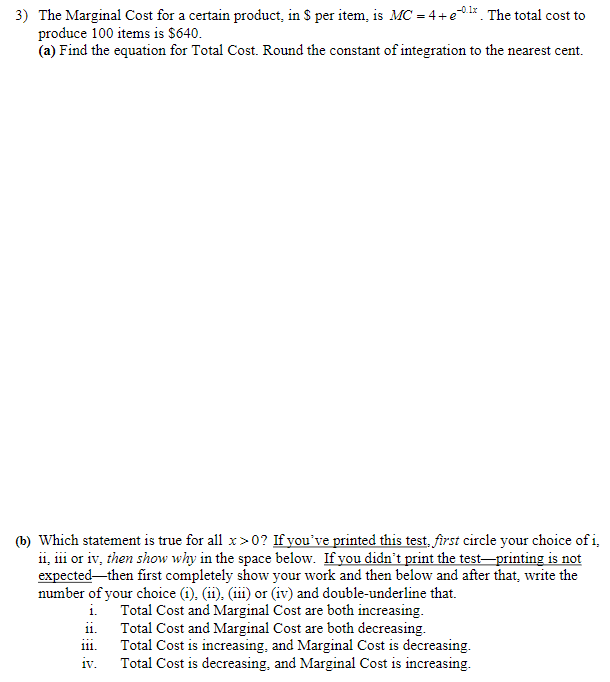 item, is MC = 4 + e'u'lx . The total cost to