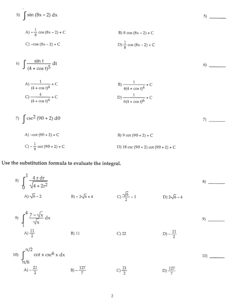  EVALUATE THE INTEGRAL USING U-SUBSTITUION PLEASE FOR 5, 6, AND 7