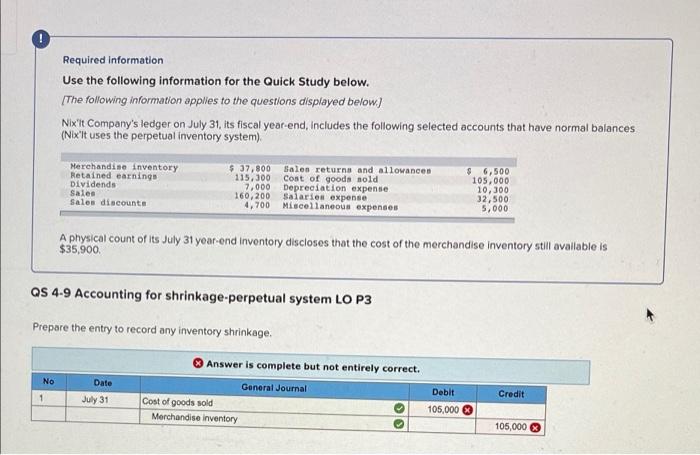 ! Required information Use the following information for the Quick Study