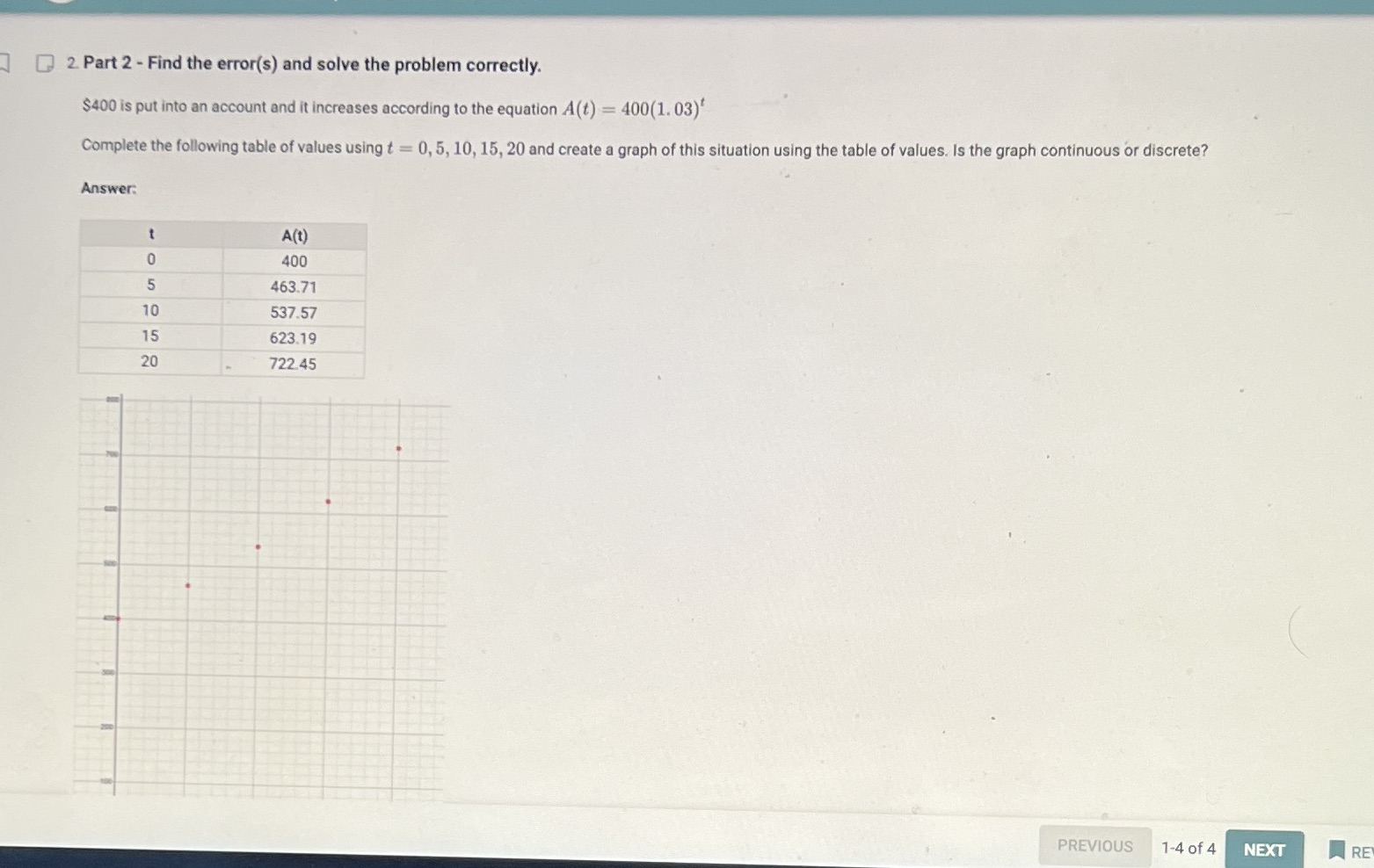 correctly. $400 is put into an account and it increases according to