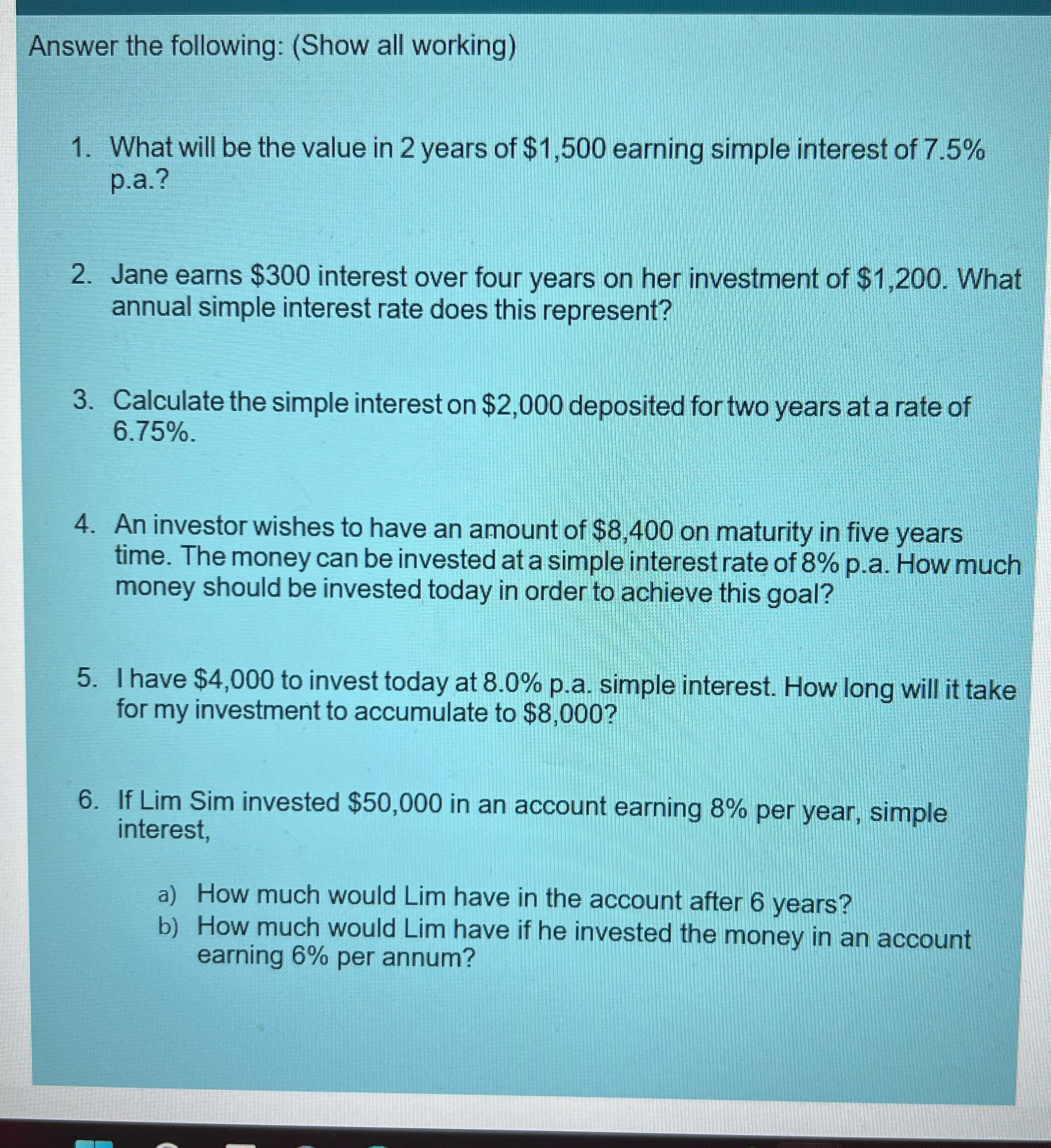 value in 2 years of $1,500 earning simple interest of 7.5% p.a.?