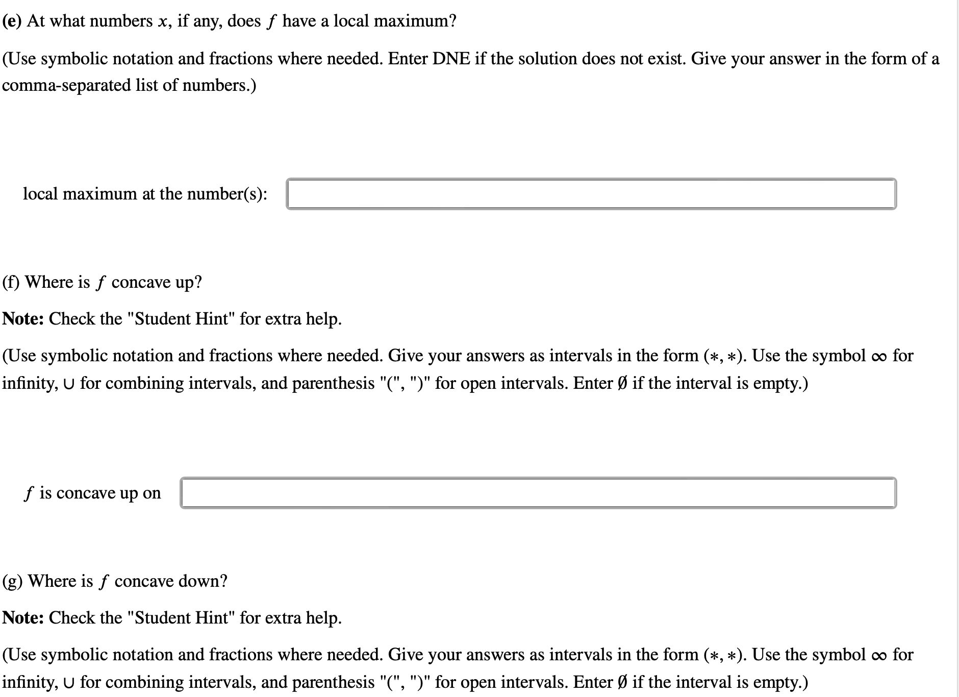 list of points (*, *) , (dz, *) Enter DNE if the