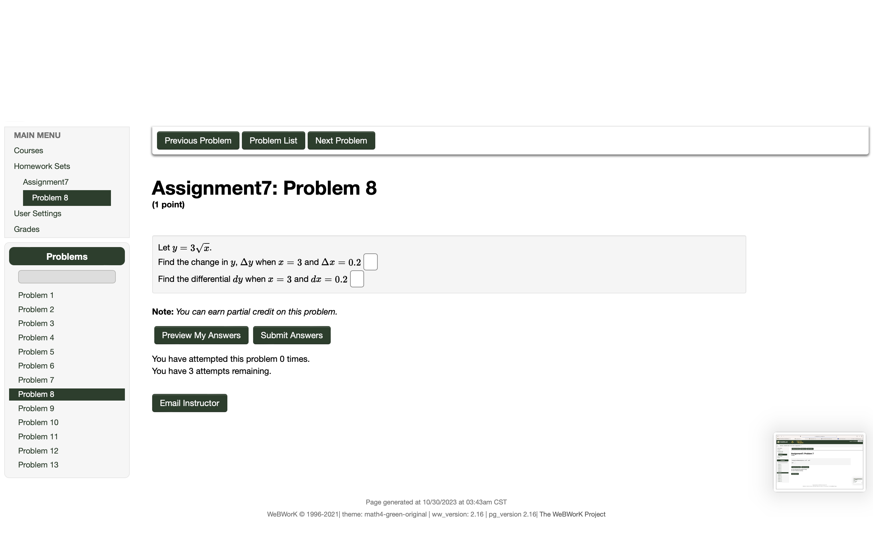 Assignment7 Assignment7: Problem 6 Problem 6 (1 point) User Settings Grades A