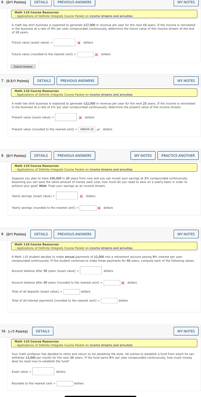  6. [0/1 Points] DETAILS PREVIOUS ANSWERS MY NOTES Math 110 Course