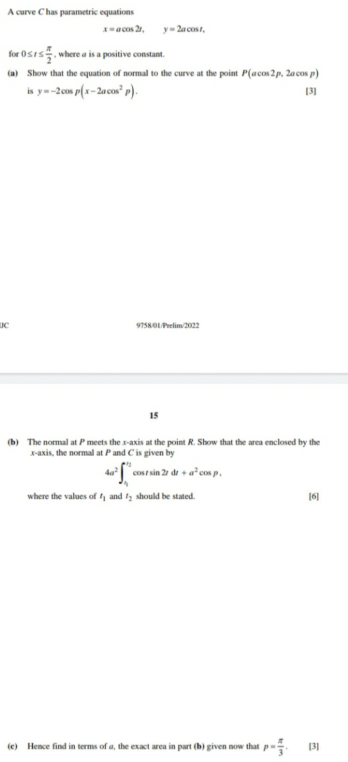  A level specimen paper applications of integration questionParametric equations , area