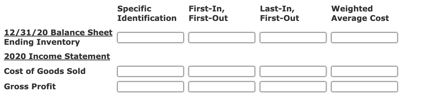 transactions for one of its inventory items during 2020: Beginning Inventory 138units