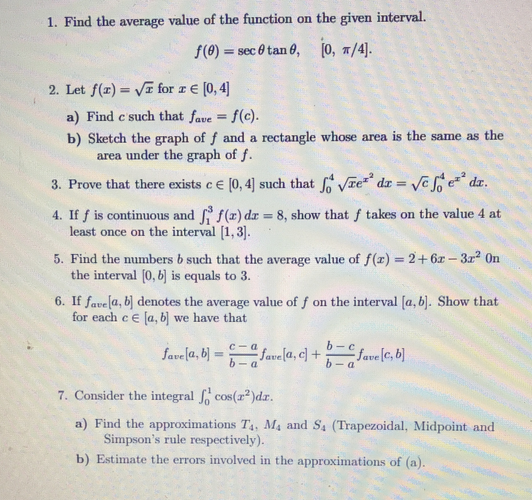 1. Find the average value of the function on the given