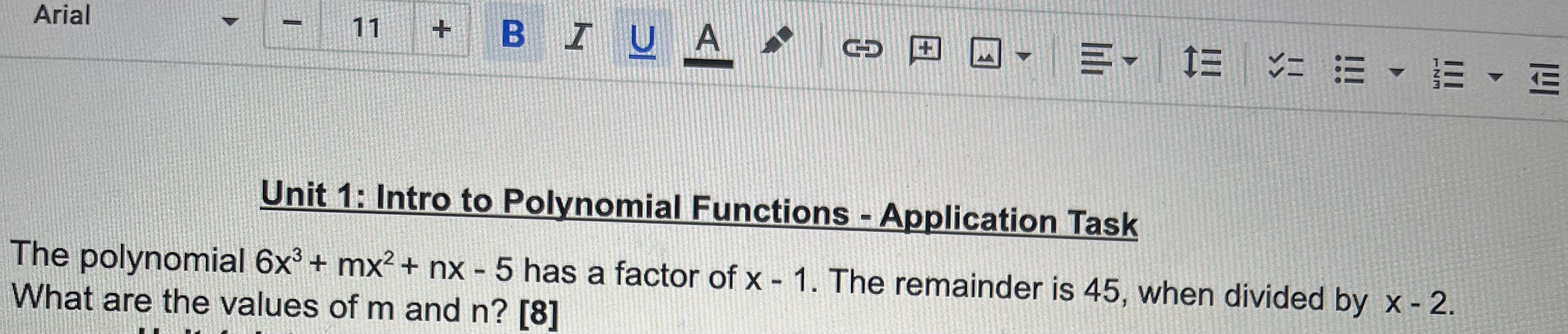 Functions - Application Task The polynomial 6x3 + mx2 + nx -