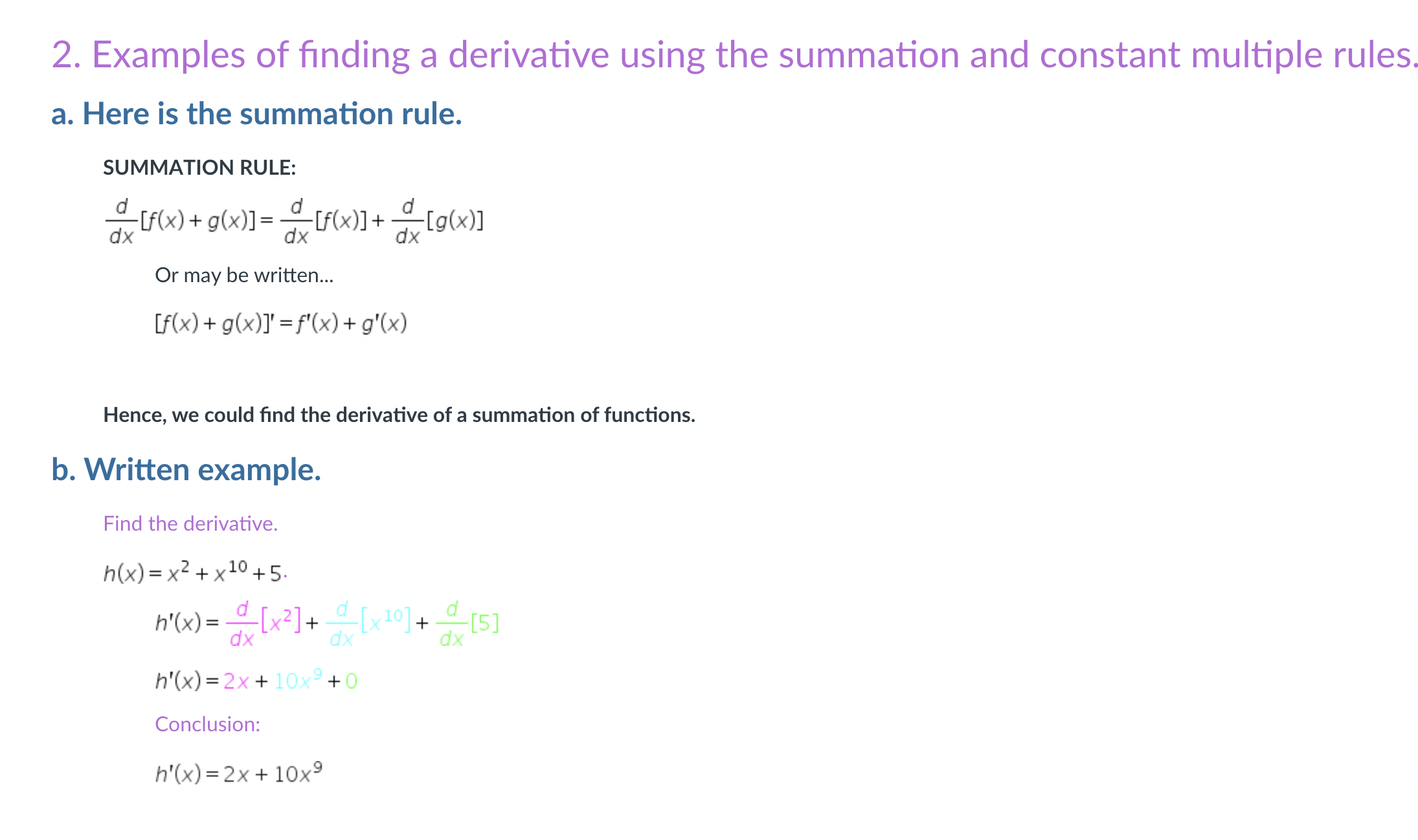  2. Examples of finding a derivative using the summation and constant