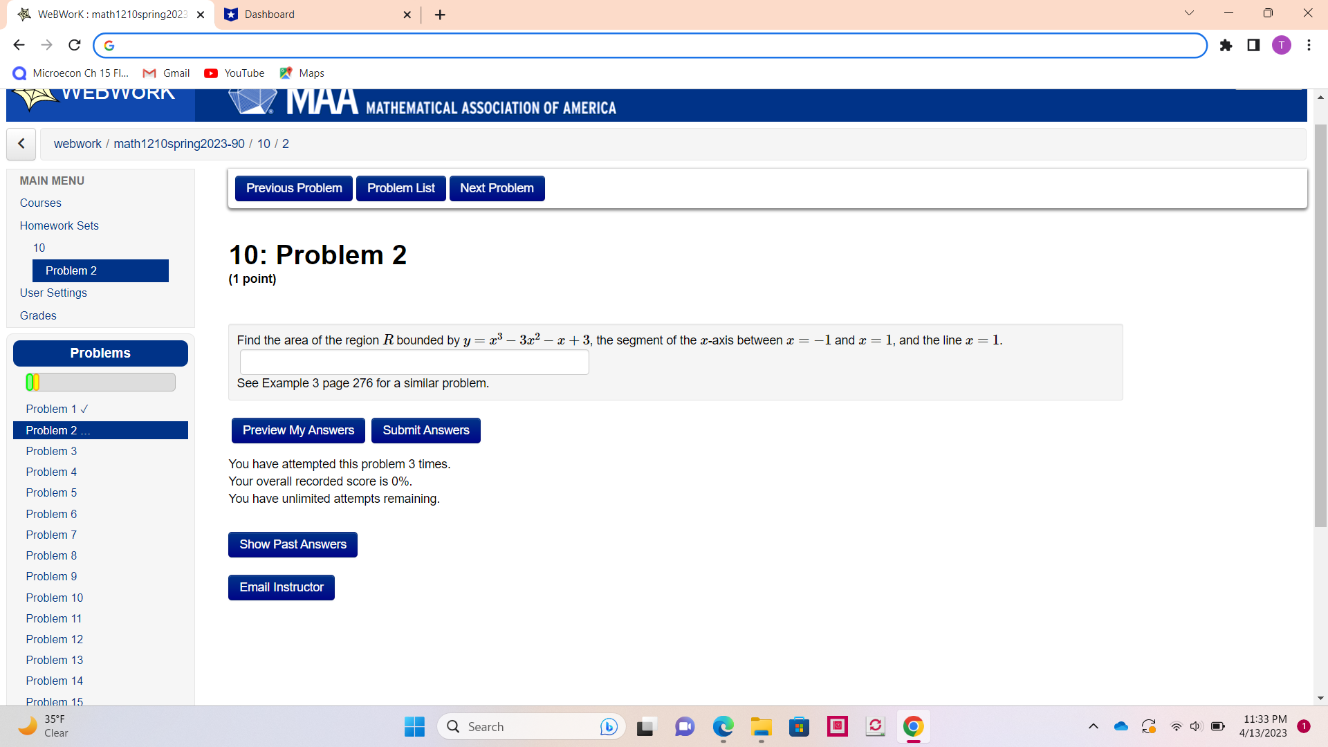  WeBWork : math 1210spring2023 x Dashboard X + O X >
