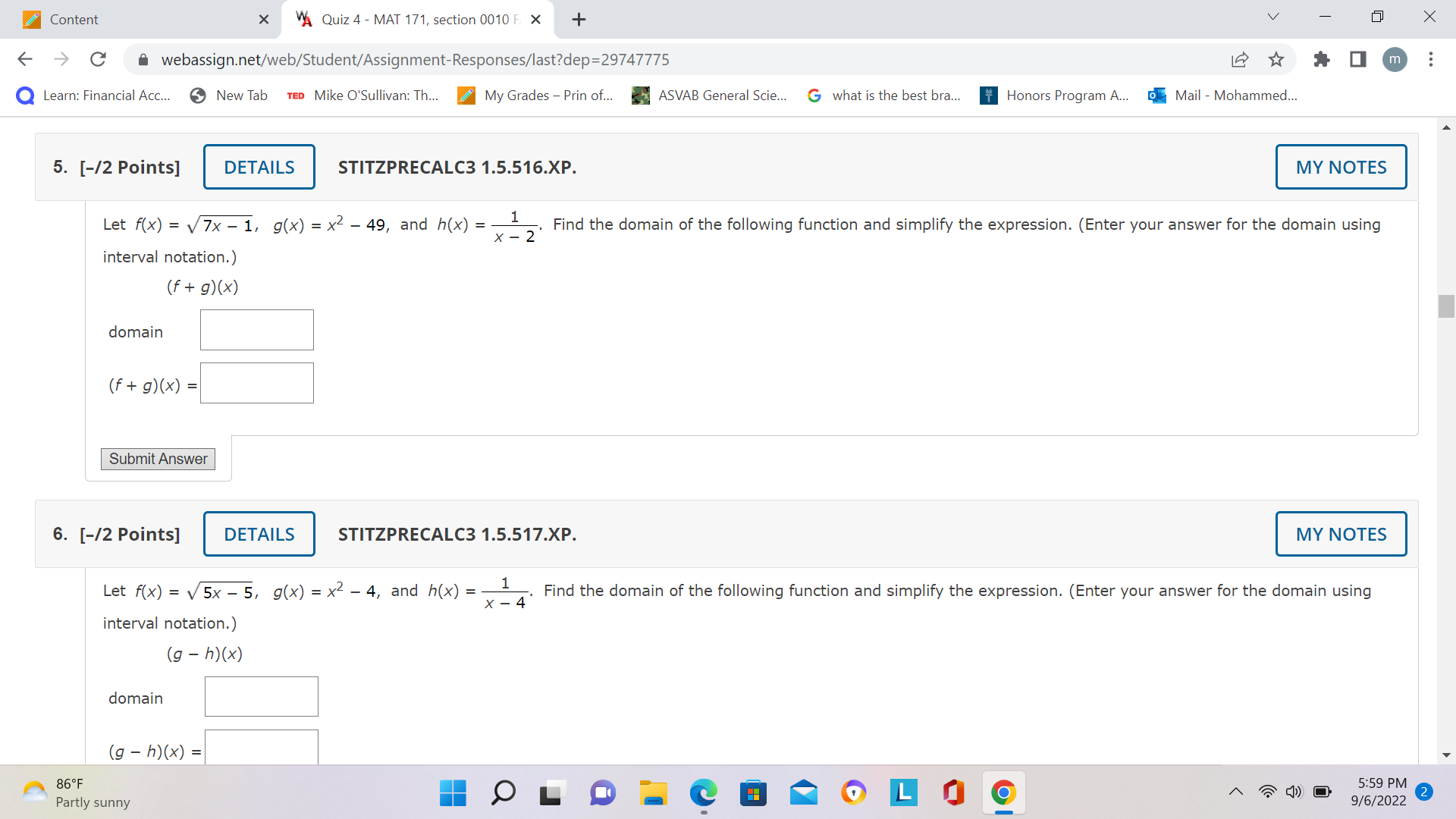 Content X VA Quiz 4 - MAT 171, section 0010 F.