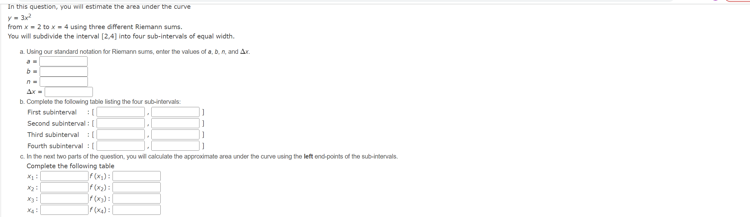 y = 3x2 from x = 2 to x = 4 using
